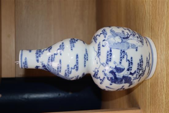 A Chinese blue and white eight immortals double gourd vase, Kangxi mark but later H.25cm
